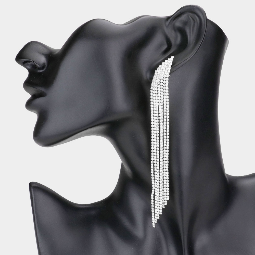 Silver Fringe Crystal Dangle Earrings 4.8" Tassel Evening Accessory